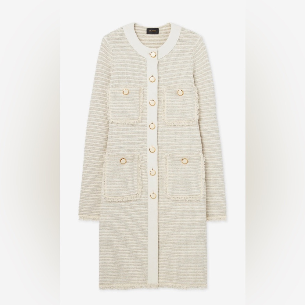 St John’s White Knit Dress - Fringe Knit Long Jacket In Ecru